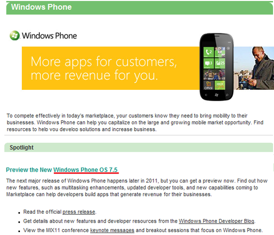 Windows Phone 7.5 Mango в разработке